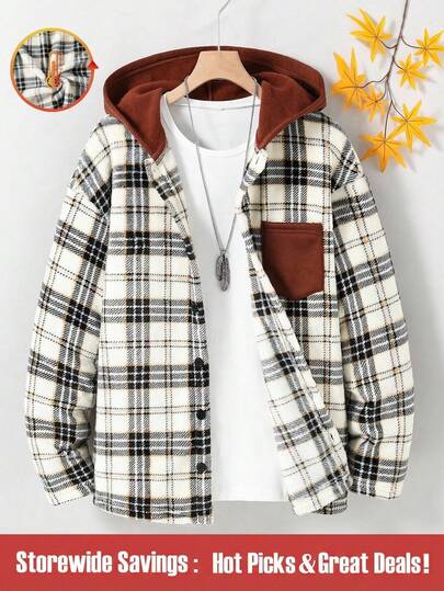 1pc Casual Plaid Patchwork Hoodie Jacket With Pockets For Teenage Boys, Suitable For School And Outings In Autumn/Winter