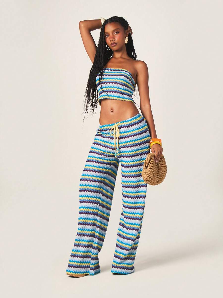 MISSGUIDED Women's Zig Zag Print Strapless Bandeau Top And Wide Leg Pants Two Piece Matching Co Ord Set Summer Vacation Resort Wear Outfit - Multicolor - View 1