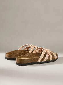 Solecia Women Shoes Spring And Summer New Woven Cross Belt Design Flat-Bottomed Vacation Leisure Style Woven Material Apricot Women's Slippers Daily Travel Seaside Vacation Wear - Apricot - View 4