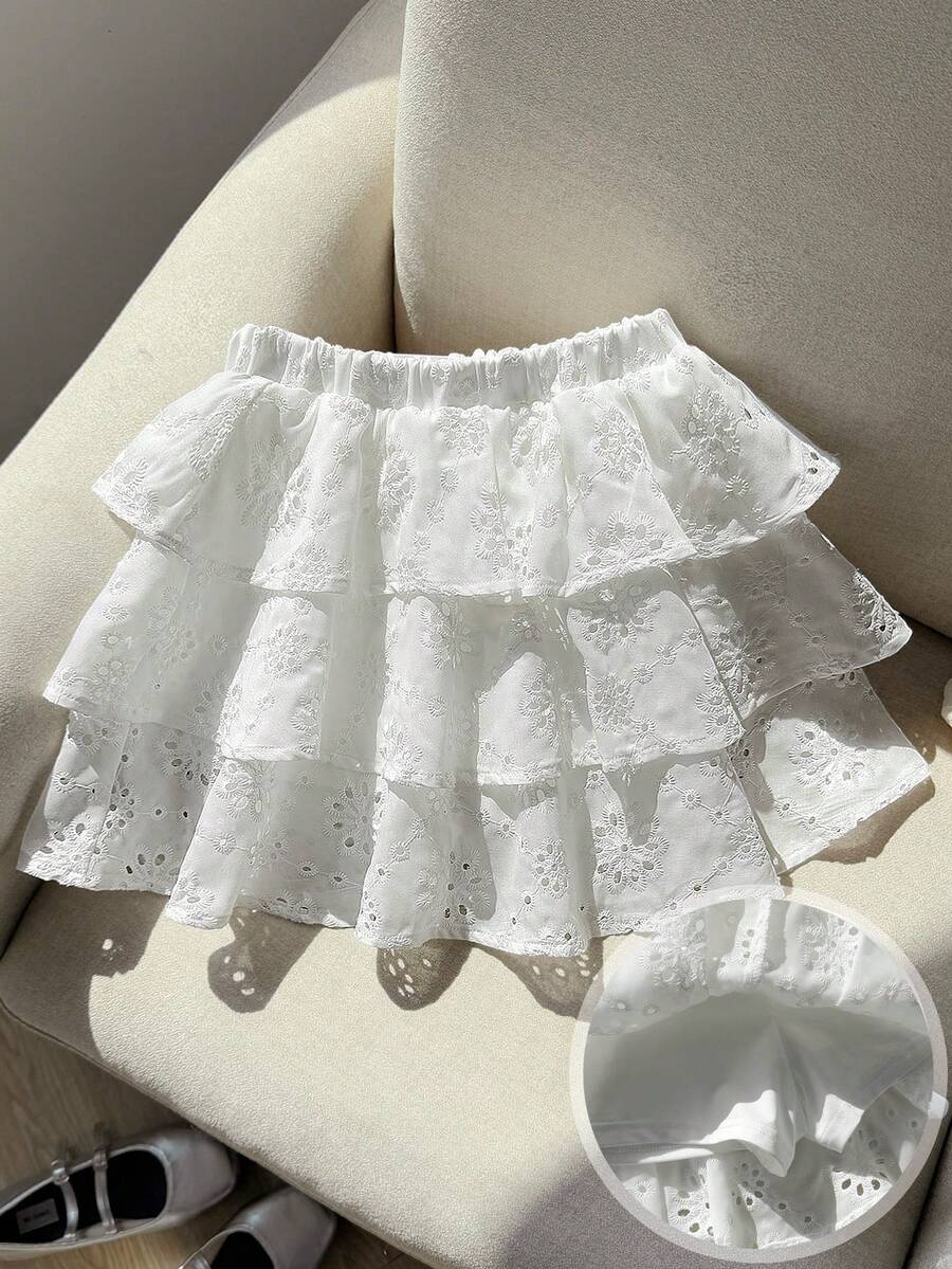 SHEIN Tween Girls Jacquard Weave White Princess Cute & Sweet Skirt - White - View 1