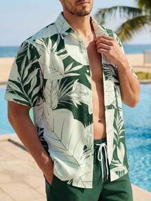 VIVINTIMO 男士夏季沙滩椰子树印花纽扣衬衫短裤套装男士度假短裤套装男士夏装套装男士沙滩装套装 - 綠色 - 查看 4