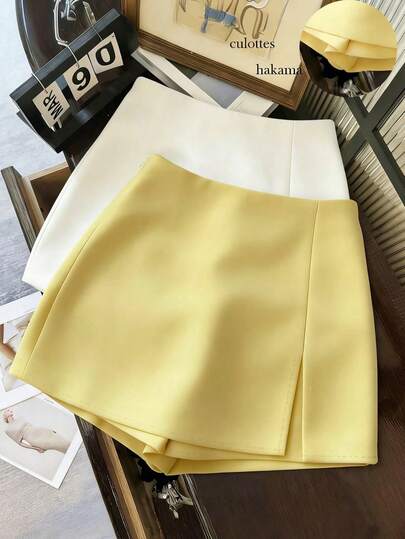 Franclia Pantalones cortos, falda, culottes, pantalones cortos ajustados de mujer de tela suave y texturizada de cintura alta con abertura, ropa casual de mujer para primavera/otoño, minifalda de mujer