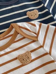 Loomiva 2pcs Baby Boy Cartoon Bear Print Striped Round Neck Short Sleeve Romper Set - Multicolor - View 4