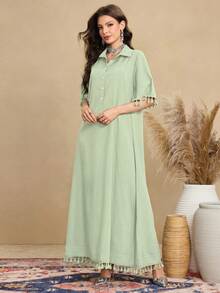 Al Najma Rochie de damă cu mânecă scurtă, cu guler cămașă și design retro, stil arab casual - Verde - Vizualizare 7
