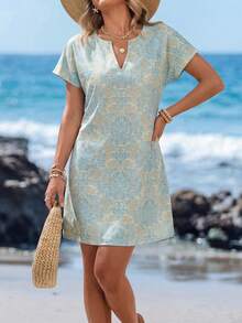 Sylviya 夏季全息印花v領蝙蝠袖長袍連身裙 - 淺藍色 - 查看 3