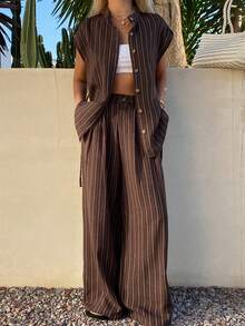 DAZY 女士圆领无袖条纹衬衫配腰带和宽松阔腿裤两件套休闲套装 - 棕色 - 查看 4