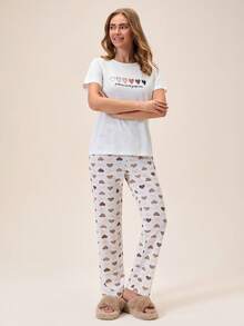 Bộ đồ nữ Cotton Line gồm áo tay ngắn cổ tròn màu trơn họa tiết trái tim và quần dài. - Màu be - Xem 5