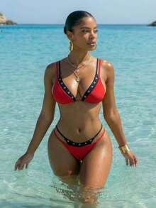 Swim SXY Conjunto de 2 piezas de traje de baño de verano 2026 para mujer, con Bottom de bikini en patchwork negro y rojo, y parte superior casual para vacaciones en la playa - Multicolor - Ver 1