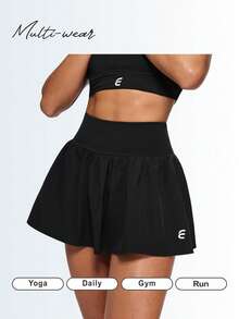 Eassivo Eassivo Women's Black Workout Skort With Tie‑Back Ruched Detail,High‑Rise Waist, Drawstring Ruched Back, Anti‑Chafe Inner Shorts - Black - View 11