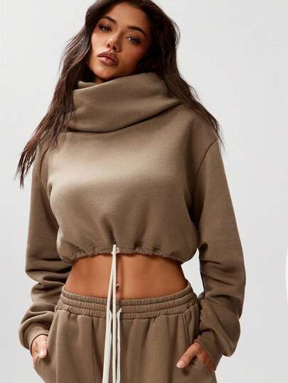 Denimoi High Neck Barrel Sleeve Crop Sweatshirt Fashionable Streetwear Airport Outfits Cozy Sweatshirts