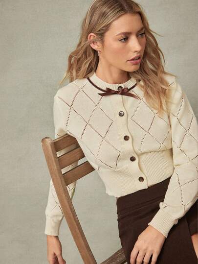 WESTFADE Round Neck Mixed Diamond Stitch Button Front Long Sleeve Bow Cardigan Sweater Spring, Resort Wear, Summer, Vacation, Beach, Festival, Stagecoach, Coachella, Casual, Cute, Boho, Nashville, Cowgirl, Rodeo, Country Concert Outfit, Western Wear For Women