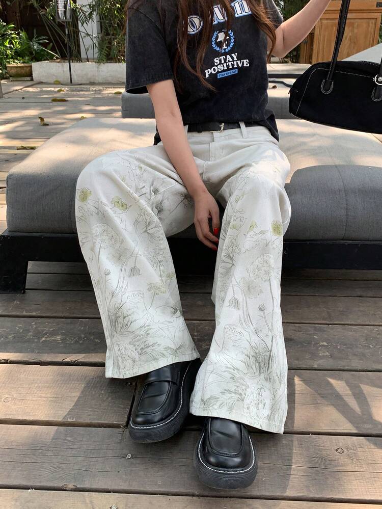 Women's Floral Print Loose Washed Casual Jeans, Korean Style