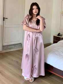 Dazy Plus Plus Size Bow Tie Collar Ruffle Fabric Casual Loose Short Sleeve Pink Nightgown For Girls, Spring/Summer Pajamas - Pink - View 5