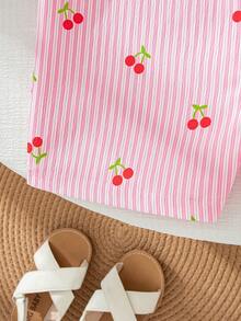 SHEIN 1pc Young Girl Summer New Off-Shoulder Sleeveless Ruffled Jumpsuit, Cherry Striped Print Fabric, Minimalist Retro Casual Vacation Outfit - Pink - View 7