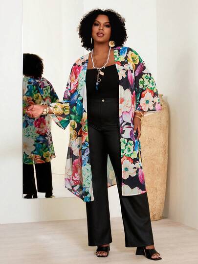 EMERY ROSE Plus Size Floral Print Casual Vacation Jacket
