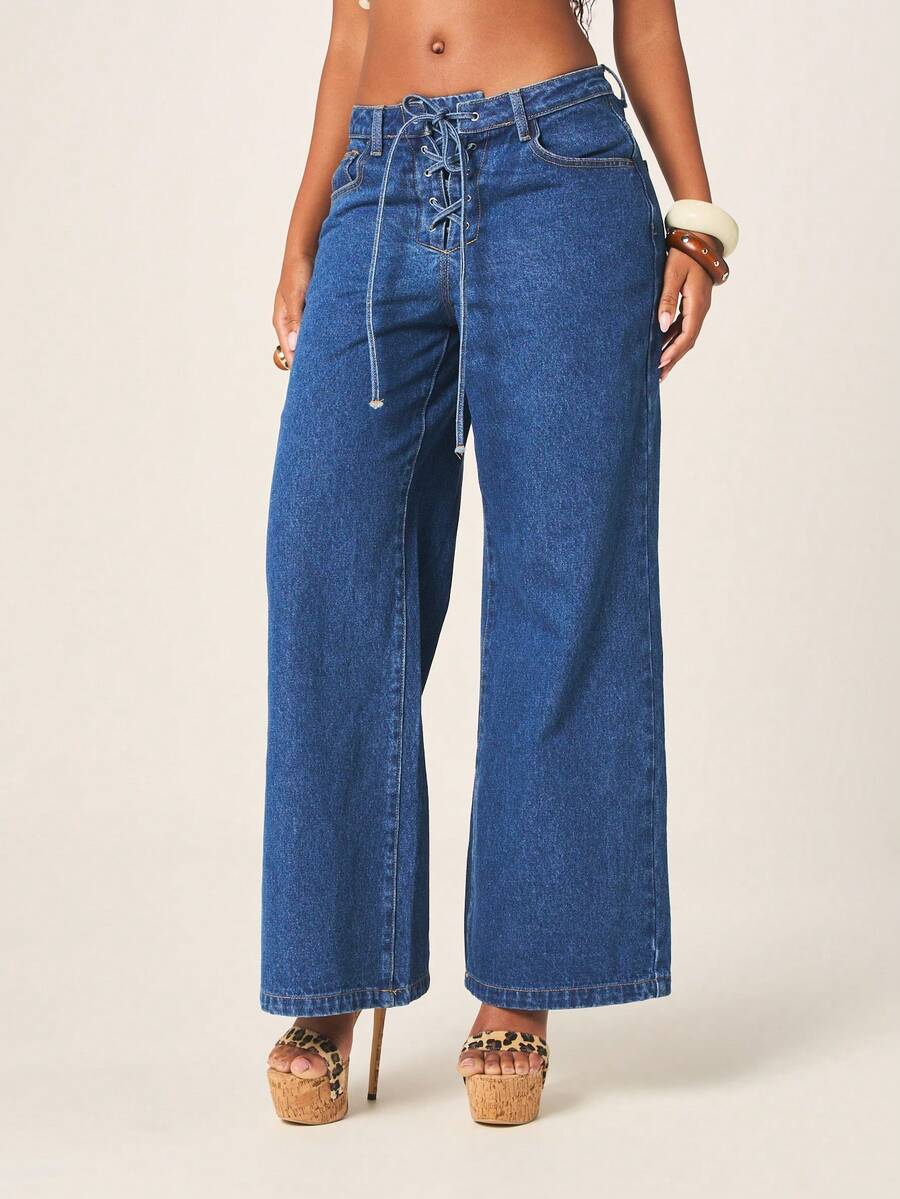 MISSGUIDED Quần jeans nữ ống rộng cạp cao, buộc dây phía trước, kiểu Palazzo, màu xanh cổ điển. - Rửa trung bình - Xem 1