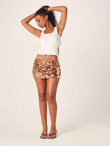MISSGUIDED Gold Sequin Micro Mini Skirt Party Night Out Bodycon Festive Holiday Club Wear Sparkly Glam Celebration - Brown - View 3