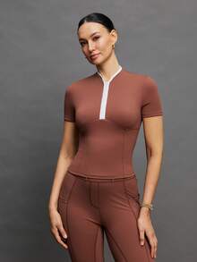 Activina 女士短袖拉链马术上衣 - 棕色 - 查看 3