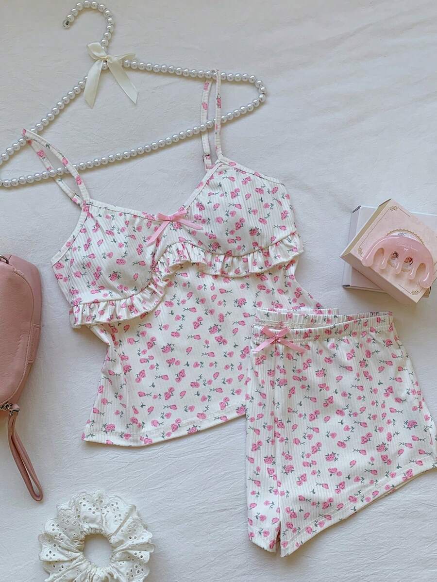 Comfortcana Cute White And Pink Floral Print Ruffle Trim Camisole Top And Shorts Set,Women's Summer Lounge Knit Soft Pajama Set,Elegant Beach Vacation Outfits - Multicolor - View 1
