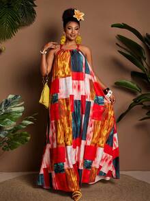 Maweii Đầm đi biển dáng suông cao cấp dành cho nữ cỡ lớn, thiết kế thanh lịch, tôn dáng, đa năng, thắt eo, chân váy xòe, vải in họa tiết phối màu. - Nhiều màu - Xem 2