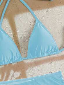 EgrlEra Bộ bikini 3 mảnh màu trơn dành cho nữ, kiểu dáng váy xòe, cổ yếm, hở lưng, gợi cảm, thích hợp cho kỳ nghỉ biển. - Màu xanh nhạt - Xem 4