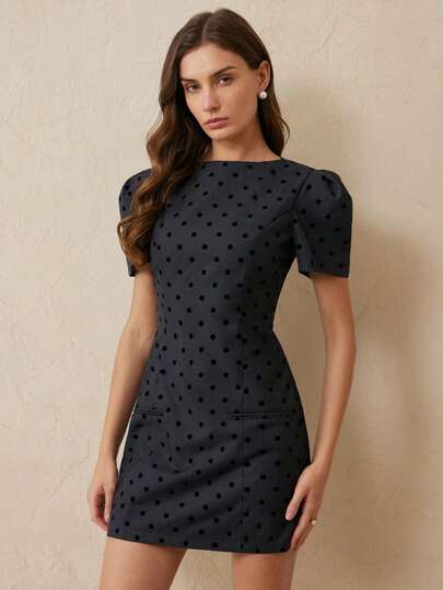 Aveloria Rosie Black & Gray Contrast Flocked Polka Dot Off-Shoulder Petal Sleeve Waist Cinched Dress, Elegant French Retro Versatile For Work & Party