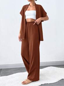 SHEIN Tall 2件組純色綁帶極簡上衣與長褲休閒日常穿著，適合高個女性 - 棕色 - 查看 3