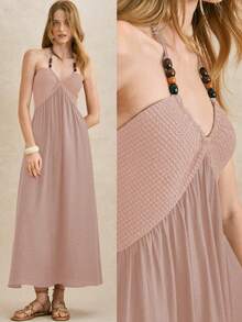 Écloséra Robe longue élégante de style rétro français en perles, tricotée et tissée, de couleur rouille, pour le printemps/été. Robe longue, robe d'été longue, robe de vacances, robe de plage longue pour femmes. Robe d'été femme à col ras-du-cou, robe de style bohème pour tenue de villégiature - Rose bonbon - Voir 1