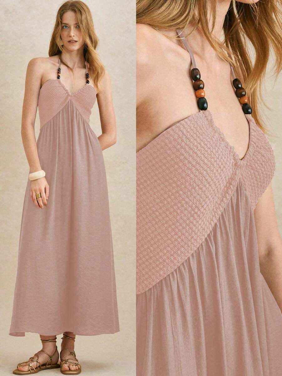 Écloséra Robe longue élégante de style rétro français en perles, tricotée et tissée, de couleur rouille, pour le printemps/été. Robe longue, robe d'été longue, robe de vacances, robe de plage longue pour femmes. Robe d'été femme à col ras-du-cou, robe de style bohème pour tenue de villégiature - Rose bonbon - Voir 1