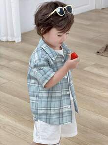 DAZY Camisa de manga corta con cuello vuelto a cuadros, estilo coreano para niños pequeños, primavera/verano - Celeste - Ver 9