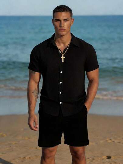 Manfinity EZcore Conjunto de camisa de manga corta y pantalones cortos de unicolor para hombre de talla grande para la playa