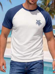VIVINTIMO Navy Blue & White Patchwork Logo Men's Raglan Sleeve T-Shirt With Sea Turtle Design, Suitable For Summer - Multicolor - View 7