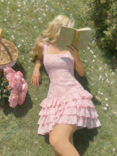 SHEIN MOD Women's Romantic Pink Cutout Textured Multi-Tier Ruffle Hem Short Dress.Pink Tiered Ruffle Mini Dress,Square Neckline,Elegant,Textured Jacquard ,Floral Pattern,Classic,Vintage,Spring Clothes Women,Summer Holiday Outfits, Elegant Dresses For Party, Weddings & Events,Graduation Ceremony , Beach Vacation Outfits For Women, Vacation Outfits Women ,Casual Sets For Women,Pink Dress, Pink Ruffle Dress, Cottagecore Dress,  Easter Dress Women,Wedding Guest Dress For Women,Bridesmaid Dress