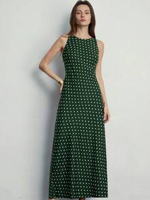 Aveloria Modichic Minimalist Elegant Polka Dot Satin Round Neck Sleeveless Dress, Versatile For Work And Everyday Wear - Dark Green - View 5