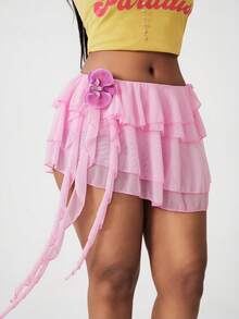 Coolane Women's Spring/Summer Vacation Outfits Ruffle Chic Tiered Ruffle Trim Tie Side Mini Elegant, Pink Flower Skirt, - Pink - View 2