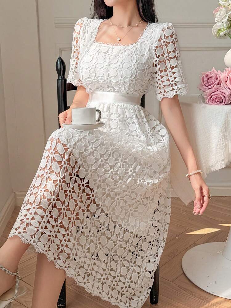 Women's Elegant Textured Lace Long Dress, Suitable For Spring And Summer Sun Dresses For Women