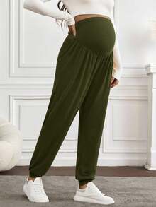 SHEIN Pantalones casuales y versátiles de uso diario con cintura ajustable para maternidad de unicolor - Verde Oliva - Ver 4