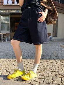 DAZY 少女夏季休闲水洗阔腿牛仔短裤 - 深色水洗藍 - 查看 9