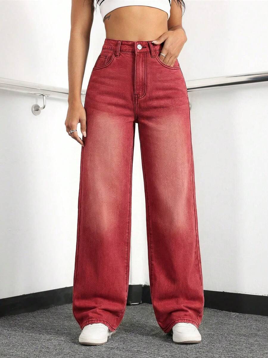 SHEIN ICON Women's Pocket Button Casual Versatile Daily Wear Wide Leg Jeans - Red - View 1
