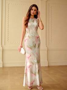 ZEYLAH 印花网纱褶皱鱼尾无袖连衣裙 - 灰綠 - 查看 4