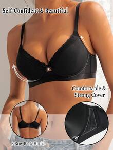 DesireSculpt Women's Solid Casual Sexy Lace Patchwork Bow Tie Diamonds Wire-Supported Lift Anti-Sagging Comfortable Bra & Instantlift Bra - Black - View 1