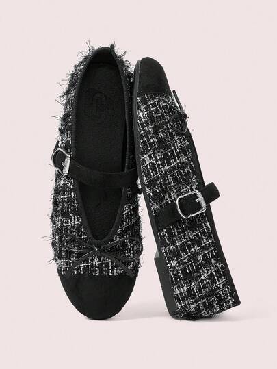 CUCCOO DOLLMOD Women's Black Round Toe U-Shaped Vamp Contrast Black & White Woven Plaid Bow Decor Flat Ballet Shoes, Minimalist One-Strap Mary Janes