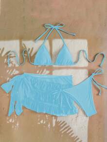 EgrlEra Bộ bikini 3 mảnh màu trơn dành cho nữ, kiểu dáng váy xòe, cổ yếm, hở lưng, gợi cảm, thích hợp cho kỳ nghỉ biển. - Màu xanh nhạt - Xem 3