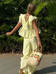 DAZY 女士优雅纯色荷叶边吊带背心和阔腿裤两件套，春夏款 - 杏色 - 查看 6