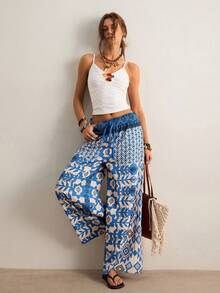 Freevana Pantalones sueltos con cintura de bolsa de papel y lazo - Azul - Ver 7