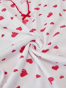 Loomlin 女士纯棉两件套罗纹针织白色撞色心形图案荷叶边装饰缎带短袖上衣和长睡裤家居服舒适休闲柔软睡衣套装 - 白色 - 查看 7