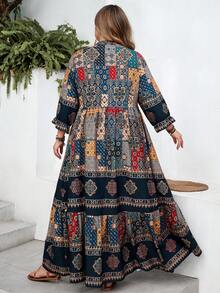 SHEIN CURVE+ Curve Size US22 Navy Blue Boho Traditional Floral Dress Autumn Vacation Al-Adha Bohemia Retro A-Line Women's Business Casual Music Festival Fall - Multicolor - View 3