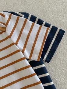 Loomiva 2pcs Baby Boy Cartoon Bear Print Striped Round Neck Short Sleeve Romper Set - Multicolor - View 5