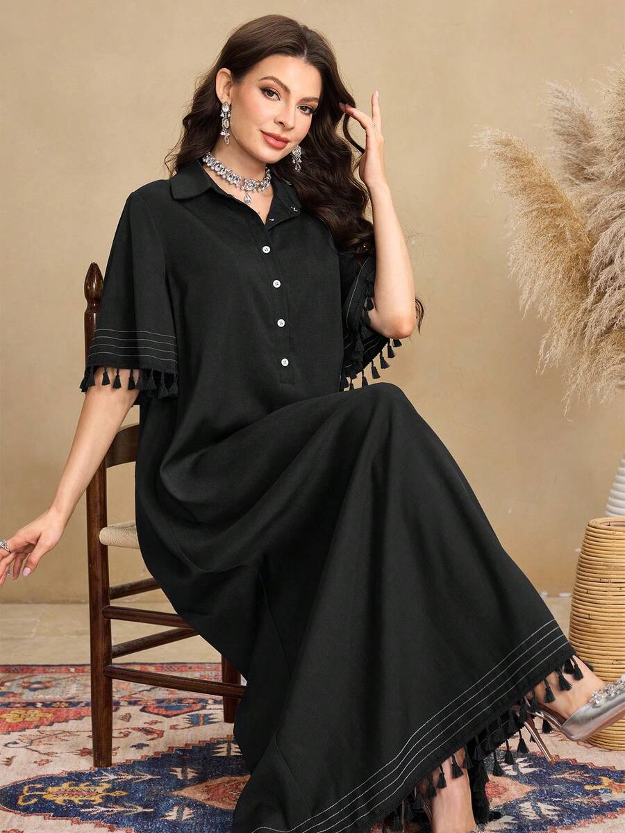 Al Najma Women's Retro Fringe Design Shirt Collar Short Sleeve Dress, Casual Arabic Style - Black - View 1