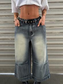 Jeanoix Y2K Women's Pleated Pocket Wide Leg Loose Casual Jeans - Medium Wash - View 5